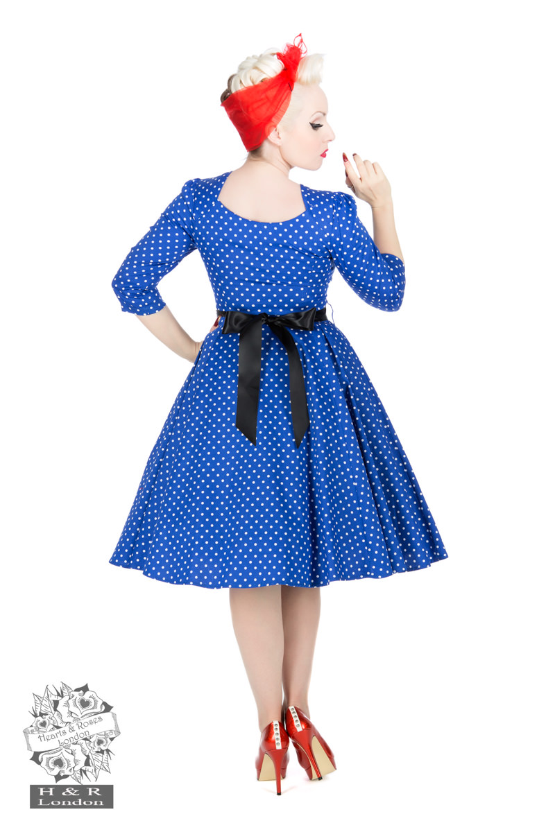 Veronica Blue White Polka Dot 3/4 Sleeves Dress